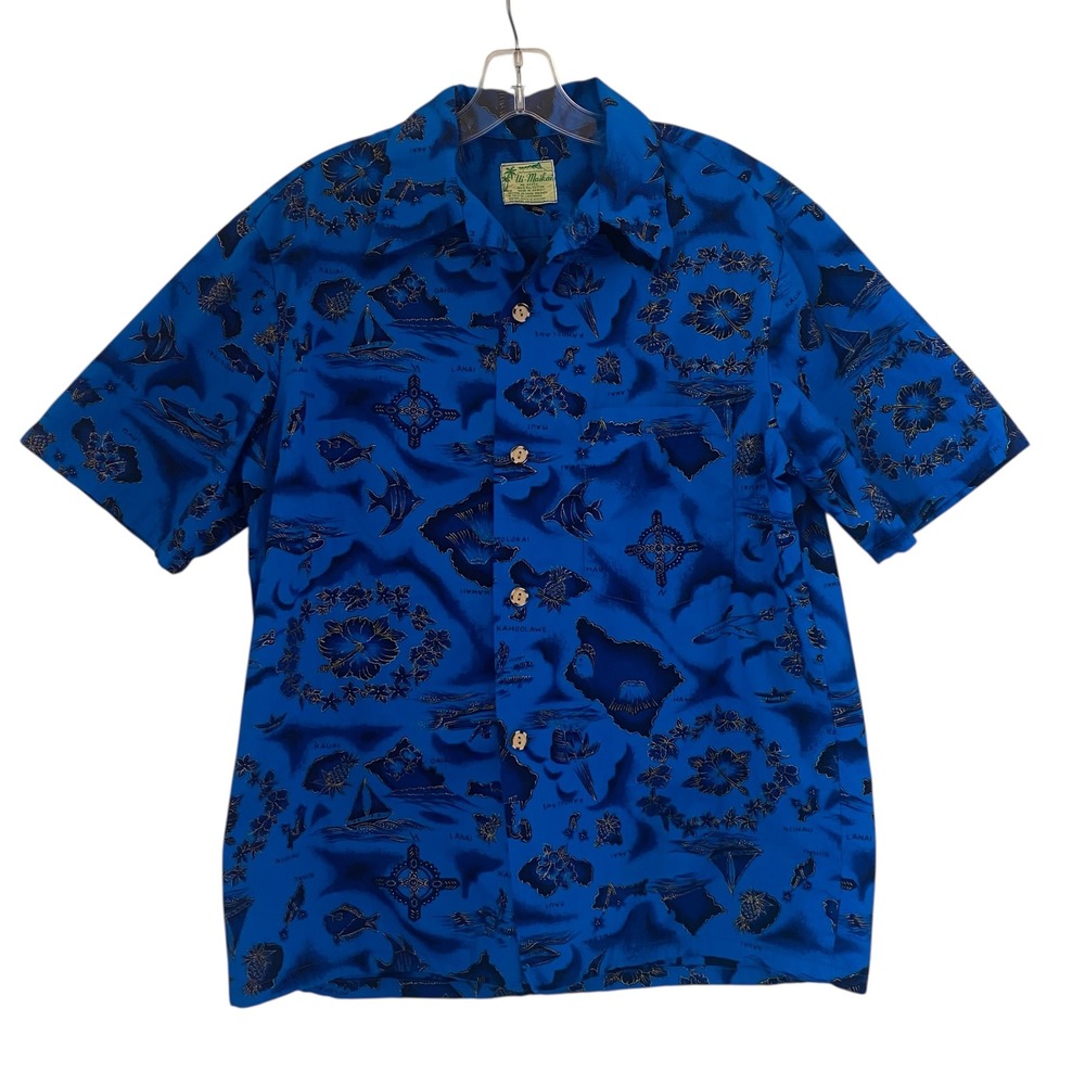 Ui Maikai Hawaiian Shirt VTG Men's Medium Blue Island‎ Map Print Aloha Button Up